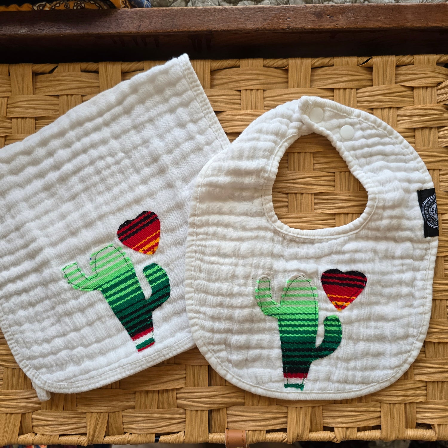 Cactus Sarape Bib and Burp Rag Set Mexican Cambaya