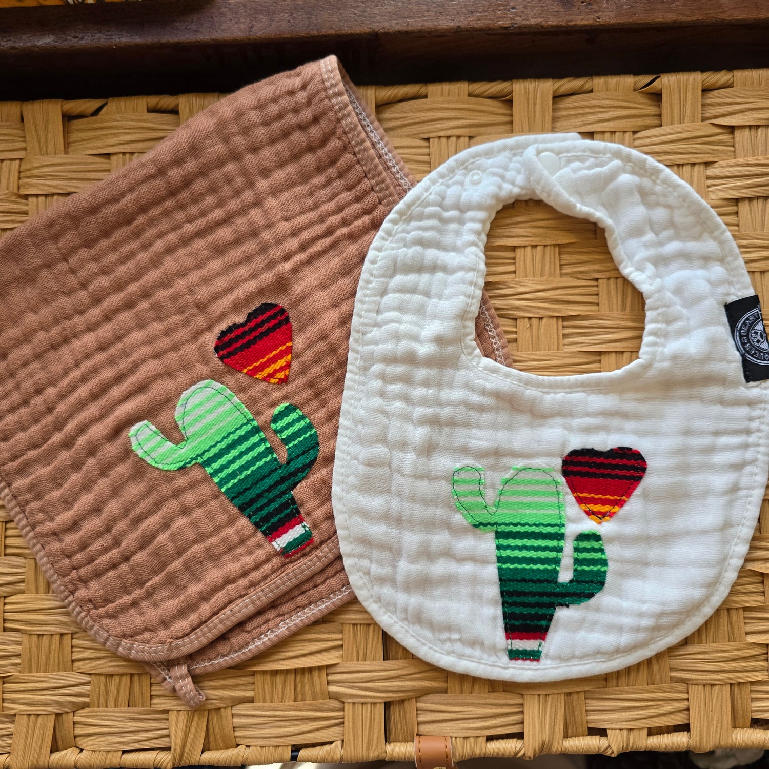 Cactus Sarape Bib and Burp Rag Set Mexican Cambaya