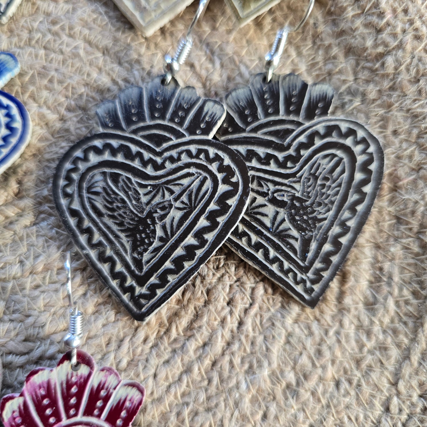 Hummingbird Sacred Heart Earrings – Hand-Carved Mexican Gourd Intricate Folk Art Jewelry (2 inches)