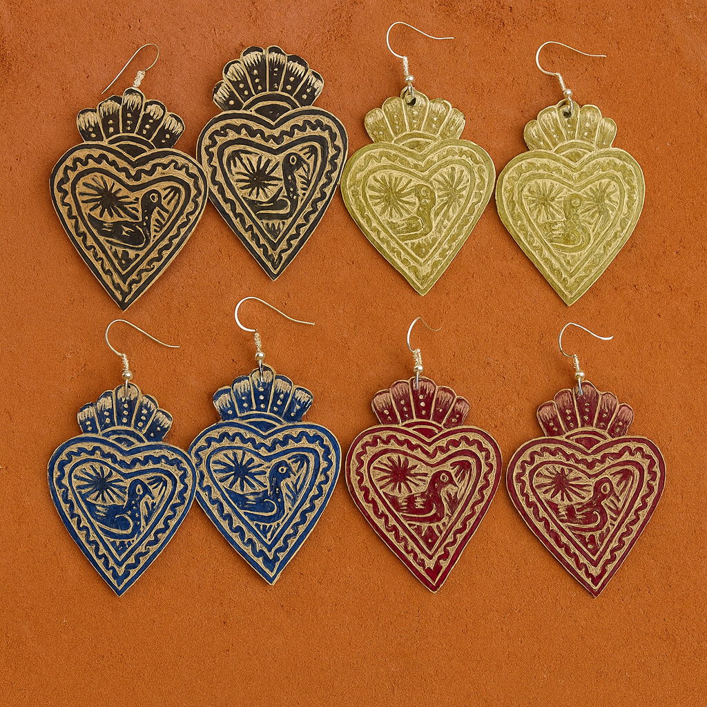 Pato Sacred Heart Earrings – Hand-Carved Mexican Gourd Intricate Folk Art Jewelry (2 inches)