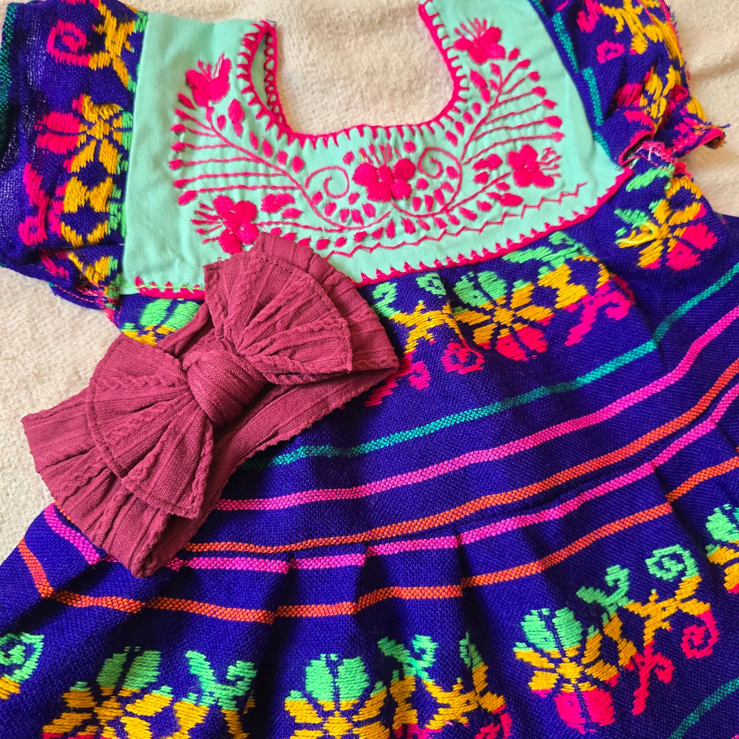 Purple Cambaya/ Hand Embroidered Baby Dress with Matching Headband