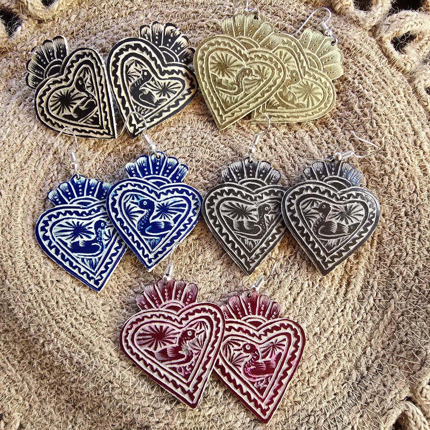 Pato Sacred Heart Earrings – Hand-Carved Mexican Gourd Intricate Folk Art Jewelry (2 inches)