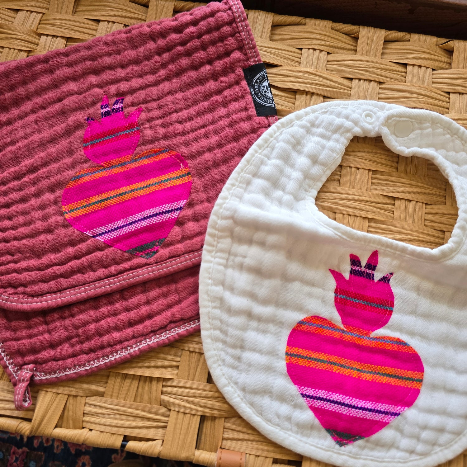 Sacred Heart Bib and Burp Rag Set Mexican Cambaya