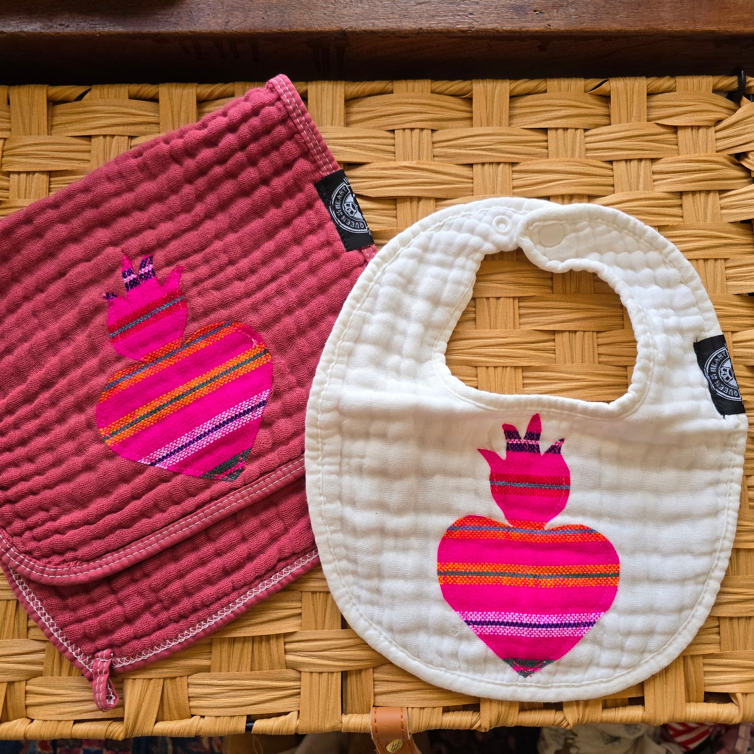 Sacred Heart Bib and Burp Rag Set Mexican Cambaya