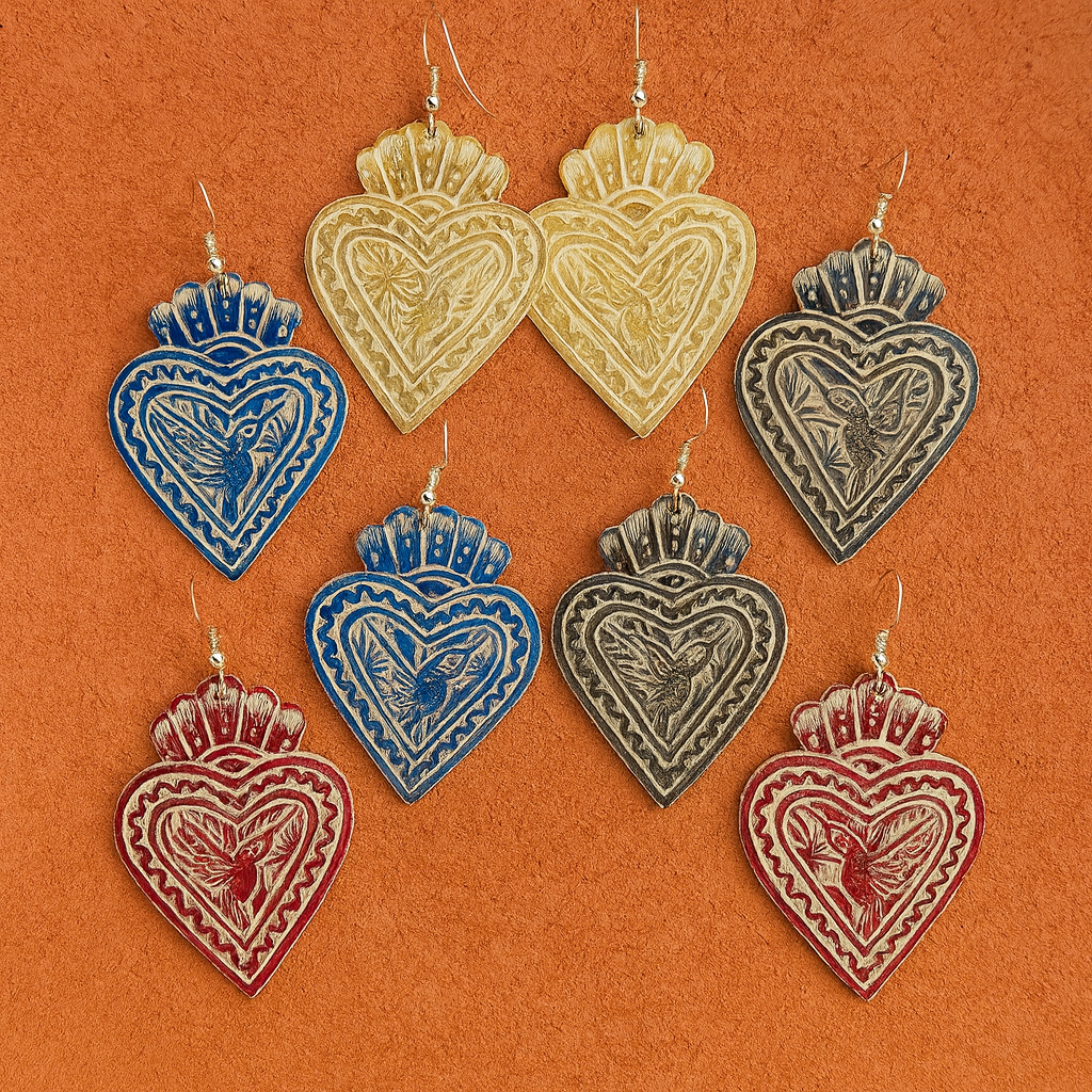 Hummingbird Sacred Heart Earrings – Hand-Carved Mexican Gourd Intricate Folk Art Jewelry (2 inches)