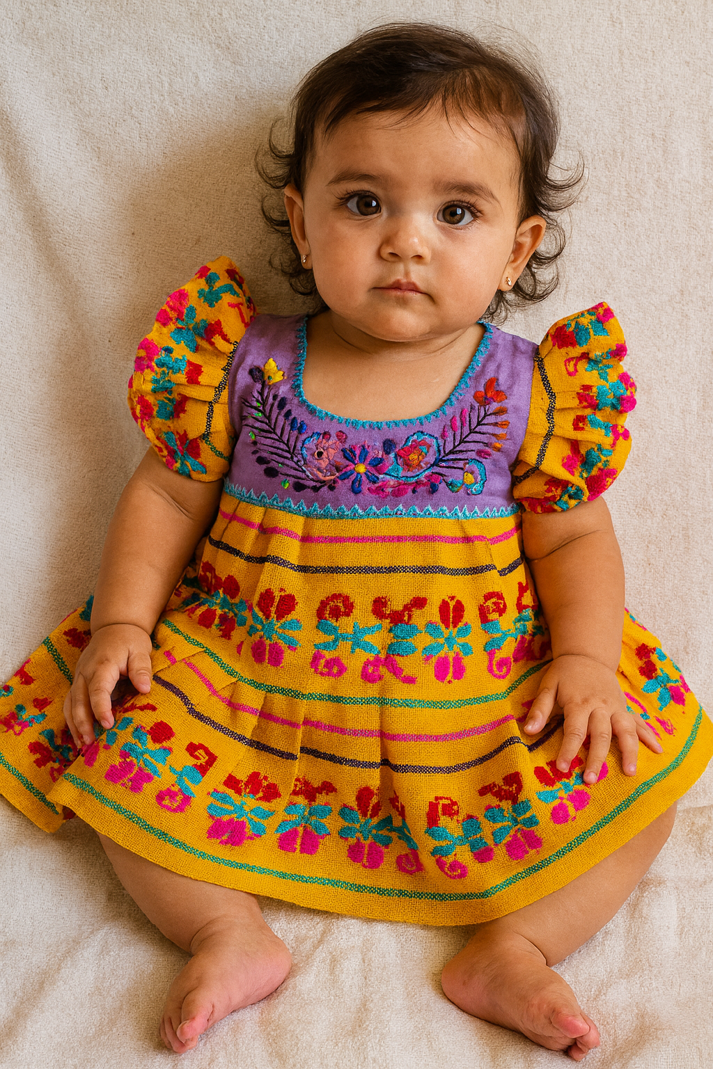 Yellow Cambaya/ Hand Embroidered Baby Dress with Coordinating Headband