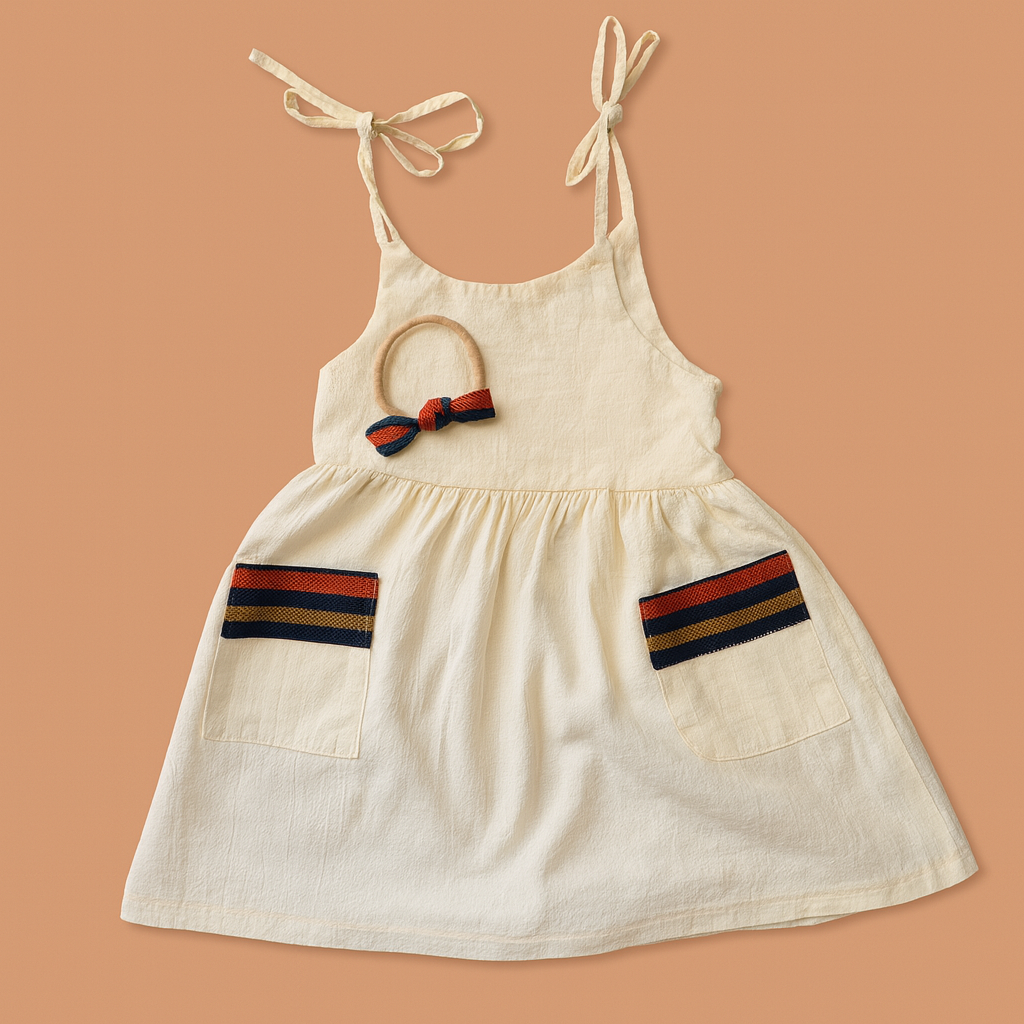 Off White Cotton & Cambaya Dress w/Matching Headband