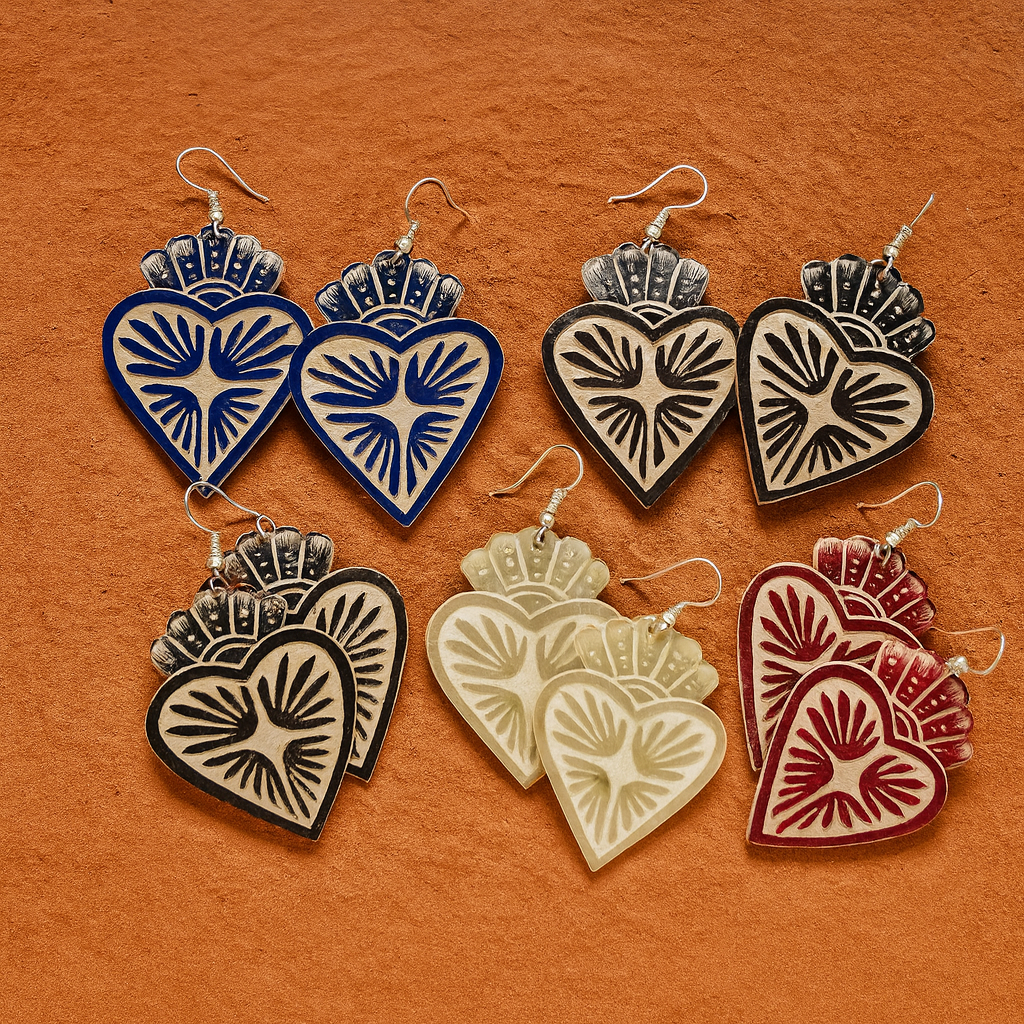 Hand-Carved Mexican Gourd Sacred Heart Earrings – Intricate Folk Art Jewelry (2 inches)