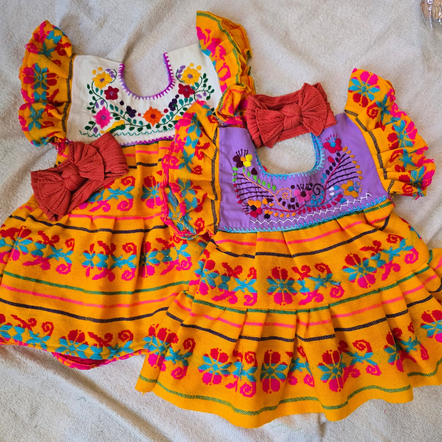 Yellow Cambaya/ Hand Embroidered Baby Dress with Coordinating Headband