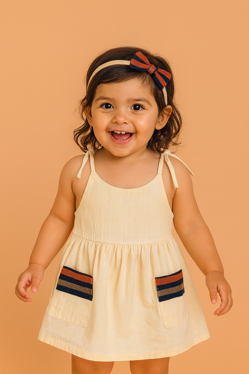 Off White Cotton & Cambaya Dress w/Matching Headband