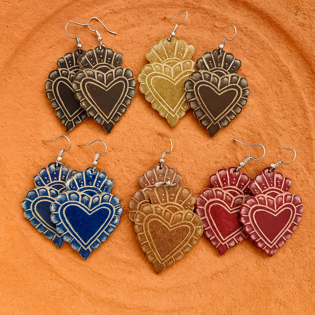 Hand-Carved Mexican Gourd Sacred Heart Earrings – Intricate Folk Art Jewelry (2 inches)