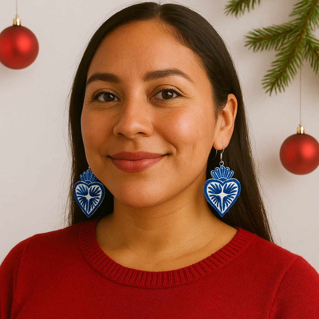 Hand-Carved Mexican Gourd Sacred Heart Earrings – Intricate Folk Art Jewelry (2 inches)