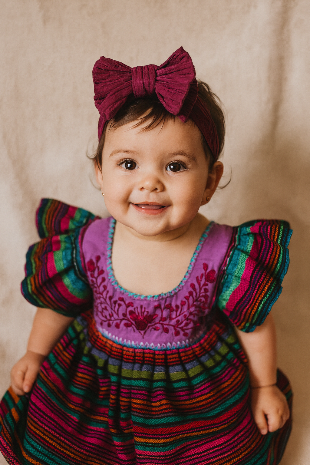 Rose Cambaya/ Hand Embroidered Baby Dress with Coordinating Headband