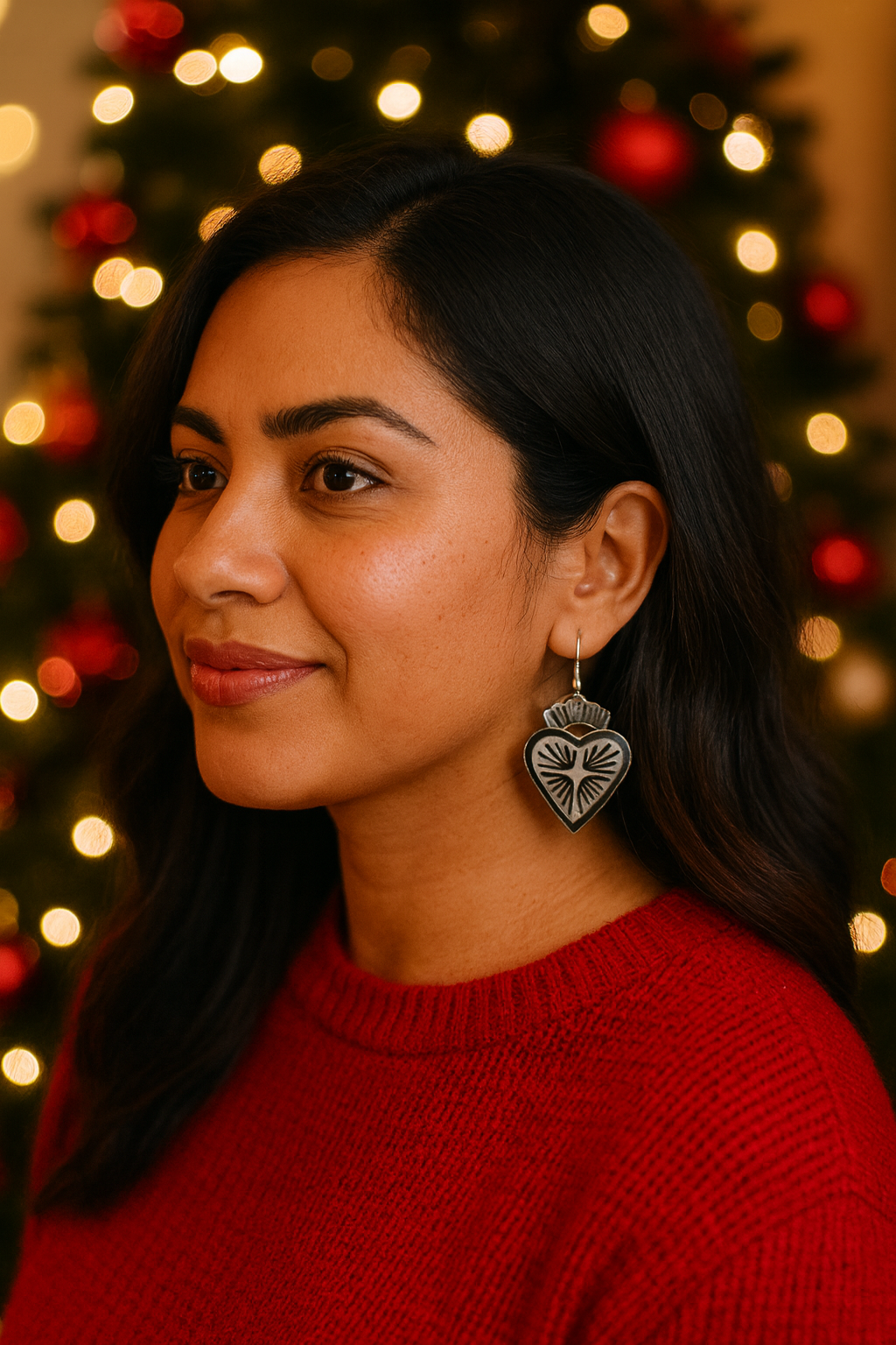 Hand-Carved Mexican Gourd Sacred Heart Earrings – Intricate Folk Art Jewelry (2 inches)